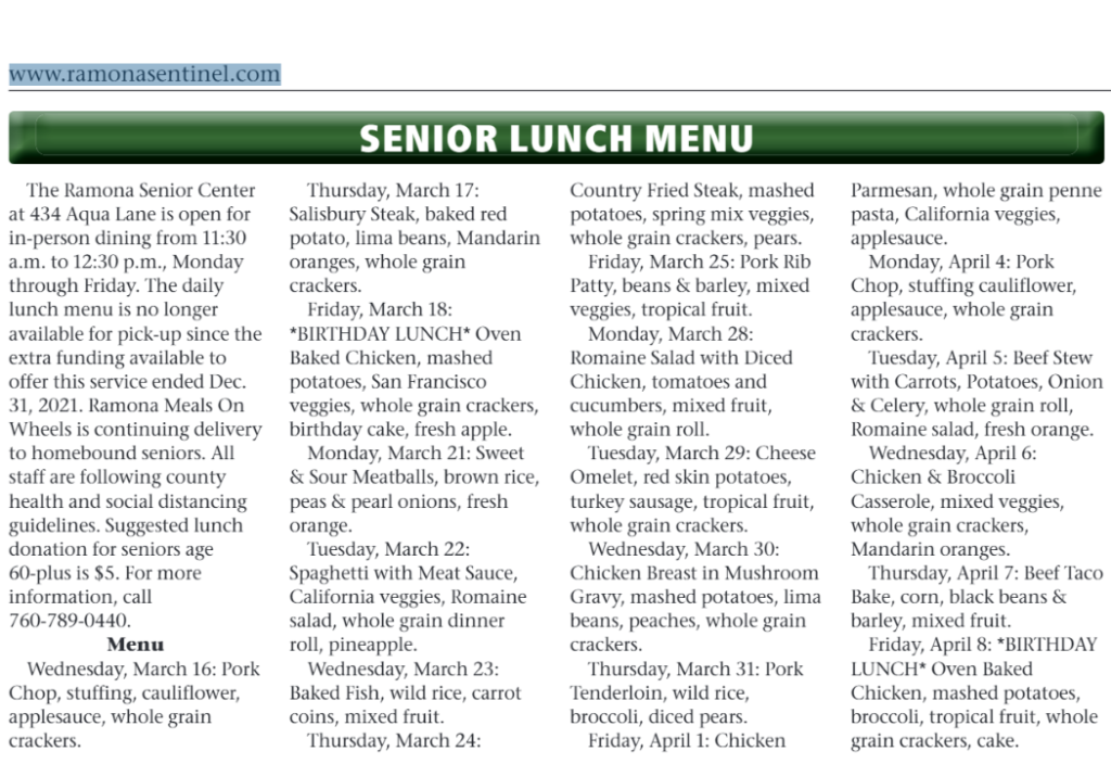 senior center lunch menu march 16 to april 8
